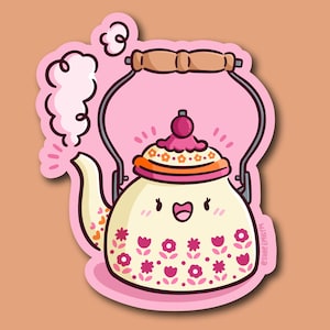 Könnte beinhalten: Ein Aufkleber mit einer lächelnden Cartoon-Teekanne. Die cremefarbene Teekanne hat rosa Blumenmuster und einen rosa Deckel. Dampf steigt aus dem Ausguss auf. Der Griff ist braun. Der Aufkleber hat einen rosa Rand.