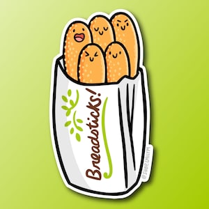 May include: A sticker featuring a cartoon illustration of breadsticks in a white paper bag. The breadsticks have smiling faces and are a golden-brown color. The bag has the word "Breadsticks!" in a handwritten font, with green leaves and the artist's signature.