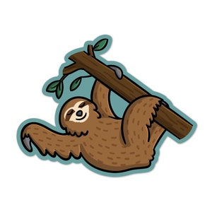 May include: A cartoon illustration of a brown sloth hanging upside down from a tree branch with green leaves. The sloth has a happy expression on its face.