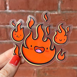 Autocollant en vinyle transparent Fire | Autocollant de flammes heureuses | Feu de camp mignon | Autocollant imperméable à l’eau | Autocollant de bouteille d’eau Kawaii | Autocollant résistant aux intempéries |