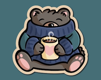 Adesivo in vinile con orsetto maglione / Adesivo hygge / Adesivo invernale carino / Adesivo impermeabile / Maglione accogliente / Adesivo con orsetto kawaii / Cioccolata calda