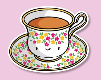 Flower Teacup Vinyl Sticker | Waterproof Sticker | Tea Drinking Sticker | Cup of Tea | Tea Party Sticker | Kawaii Food Sticker | Cute Drinks