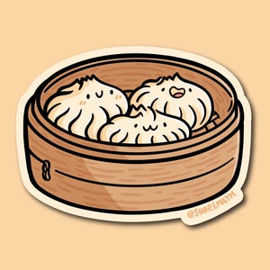 May include: A cartoon illustration of a brown wooden steamer basket filled with three white steamed buns with happy faces. The text "@shopemilym" is at the bottom of the image.