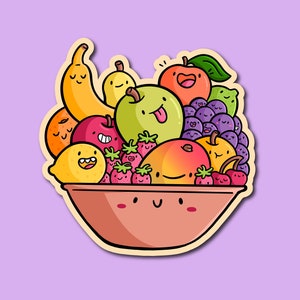 Fruit Bowl Vinyl Sticker | Waterdichte Sticker | Kawaii Stijl Fruit Stickers | Gezond voedsel Sticker | Weerbestendige autosticker | Happy Foods