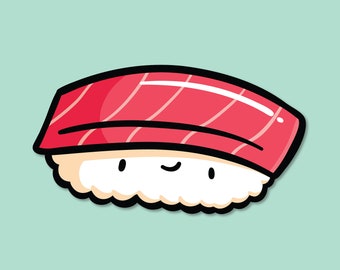 Autocollant en vinyle Tuna Sushi | autocollant sushi imperméable à l’eau | nigiri de thon kawaii | Cuisine japonaise | Kawaii Nourriture | Sushi Nigiri | L’art inspiré par le Japon