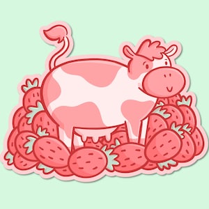 Etiqueta da vaca da morango de <br> Entrega Rápida? Etiqueta bonito da vaca de <br> Entrega Rápida? Animais Kawaii | Morangos Anime | Leite de morango adesivo | arte de animais de fazenda fofos