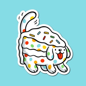 autocollant pour chien Funfetti | Autocollant en vinyle résistant aux intempéries | autocollant mignon de chien | Nourriture kawaii| Sticker morceau de gâteau | Sticker gâteau blanc | Saupoudrer le gâteau