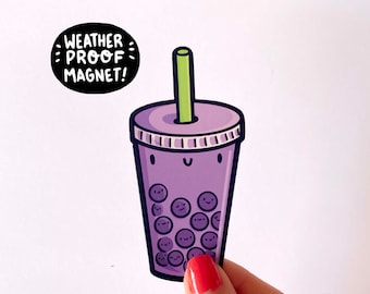 Imán de té con leche de taro / Imán para nevera de té de burbujas morado / Imán resistente a la intemperie para coche / Imán de cocina con comida linda / Arte de estilo kawaii / Bebidas