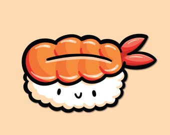 Garnelen Sushi Vinyl Aufkleber | Süße Sushi Aufkleber | Kawaii Nigiri Sushi | Japanisches Essen | Japan inspiriert | Anime Aufkleber | Ebi Nigiri Sushi