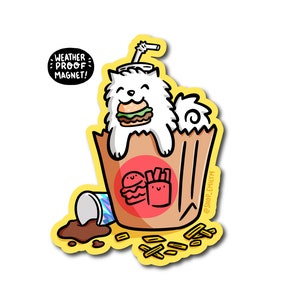 Fast Food Burger Dog Magnet | Waterproof Vinyl Car Magnet | junk food magnet | kawaii burger magnet | burger and fries | white dog magnet