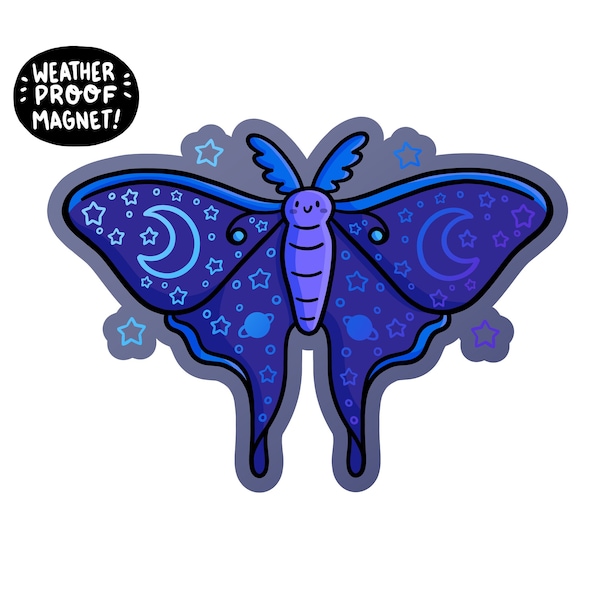 Lunar Moth Magnet | Insect Magnet | Waterproof Vinyl Car Magnet | Kawaii Bug Magnet | Cute Moth Artwork | Night Sky Magnet | Moon and Stars