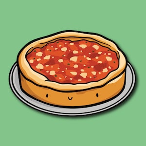Adesivo de vinil para pizza Deep Dish Chicago | Adesivo fofo de Chicago | Adesivo fofo de pizza | Adesivo de viagem | Adesivo Kawaii | Arte de pizza estilo Chicago