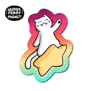 Sternschnuppe Katzenmagnet | Weltraum | Wasserdichter Vinyl-Automagnet | Magnet Katze | Anime-Kühlschrankmagnet | Weißer Katzen-Magnet