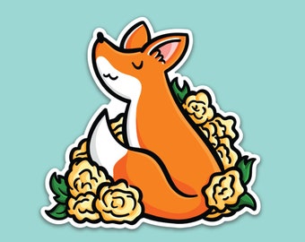 Fox with Yellow Roses Vinyl Sticker | Weatherproof Sticker | Kawaii Artwork | Flowers and Animals | Water Bottle Sticker | Kitsune Sticker