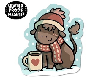 Hot Chocolate Cow Magnet | Winter magnet | Waterproof Vinyl Car Magnet | Snowy day Magnet | Cute brown cow magnet | Holiday magnet | Xmas