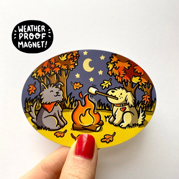 Camping Dogs Magnet | Outdoors Magnet | Waterproof Vinyl Car Magnet | Night Sky | Cute Dogs |Fall Leaves | Campfire |Roasting Marshmallows