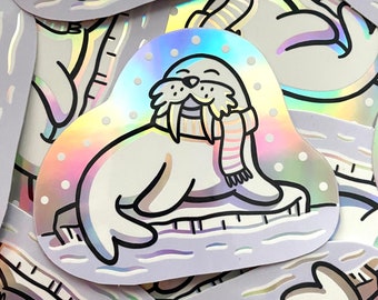 Walrus Holographic Sticker | Waterproof Vinyl Sticker | Kawaii Animals | Cute Walrus Sticker | Cute Winter Sticker | Sparkly Sticker | Anime