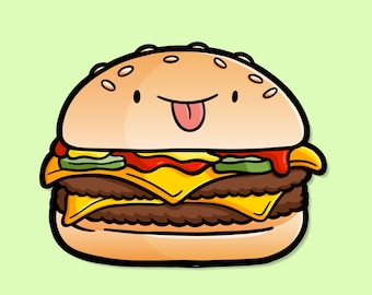 Cheeseburger Sticker | Weatherproof Vinyl Sticker| Kawaii Sticker| junk food sticker | Happy food magnet | Burger sticker |American food art