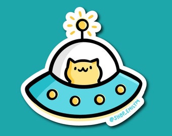 Space Cat Sticker| Weatherproof Vinyl Sticker| Kawaii Sticker| Outer space sticker | cute UFO sticker | alien sticker | cute cat sticker