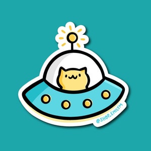 Space Cat Aufkleber | Wetterfester Vinyl-Aufkleber | Kawaii Aufkleber| Weltraum Aufkleber | niedlicher UFO-Aufkleber | Alien Aufkleber | Süßer Katzen Sticker
