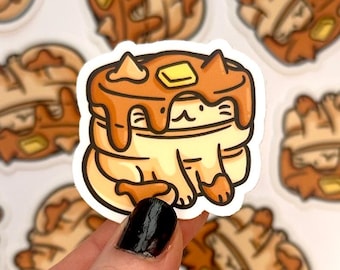 Mini pegatina de gato con panqueques / Pegatina impermeable / Pegatina de comida kawaii / Pegatina de pila de panqueques / Pegatina de comida linda / Pegatina de brunch