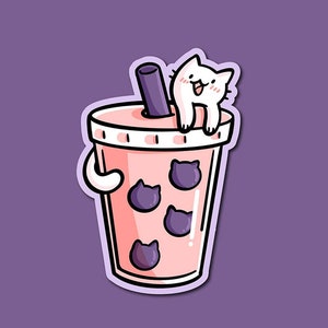 Pink Bubble Tea Cat Vinyl Sticker | Cute Animals | Boba Tea Sticker| Cute white cat| Cute Pink Weatherproof Sticker| Cute Milk Tea Sticker