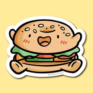 Bagel Sandwich Dude Sticker | Wetterfester Vinyl-Aufkleber | Kawaii Sticker| Frühstücksbrot Sticker | Alles Bagel Sticker | Fröhliches Essen