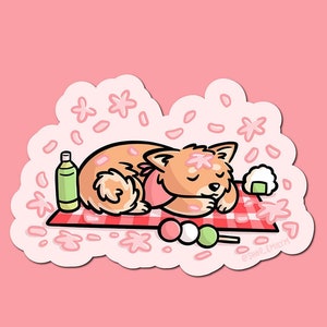 Autocollant somnolent de Sakura Shiba | Autocollant en vinyle résistant aux intempéries| Autocollant kawaii| Autocollant Hanami | pique-nique en fleurs de cerisier | autocollant sakura | onigiri