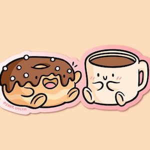 Pegatina de Coffee and Donut Pals / Pegatina de vinilo resistente a la intemperie / Pegatina kawaii / Pegatina de café linda / Taza de café / Pegatina de dona linda / Comida kawaii