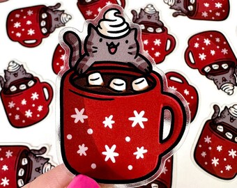 Clear Hot Chocolate Cat Mini Sticker | Clear Waterproof Sticker | Christmas | Kawaii Cat Sticker | Cute Winter Sticker | Hot cocoa sticker