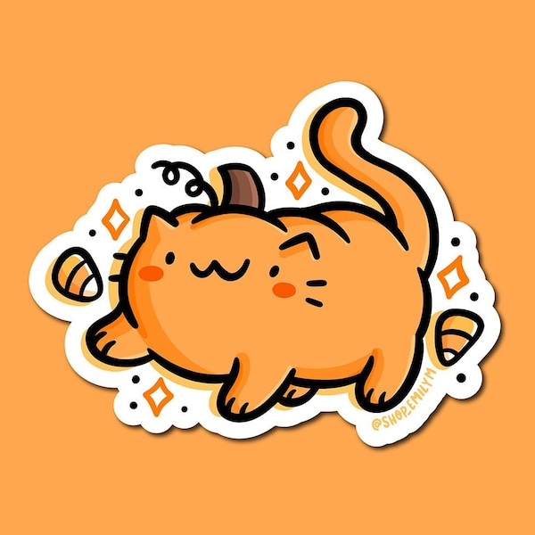 Pumpkin Cat Sticker| Weatherproof Vinyl Sticker| Kawaii Sticker| Cute pumpkin sticker | cute Halloween sticker | Halloween artwork| cute cat