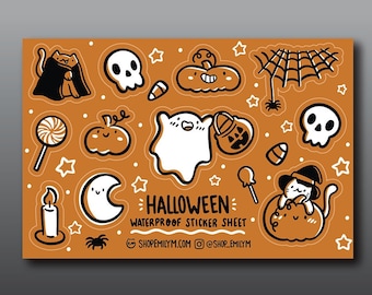 Feuille d'autocollants imperméables Halloween | Autocollant en vinyle | Feuille d'autocollants Halloween | autocollant kawaii | Mini-autocollants | Citrouilles | Art de la saison fantasmagorique