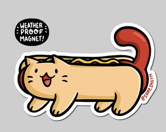 Imán de perrito caliente con gato / Imán de vinilo resistente a la intemperie / Imán impermeable para coche / Imán de perrito caliente / Imán de comida chatarra / Imán de comida kawaii / Gato lindo