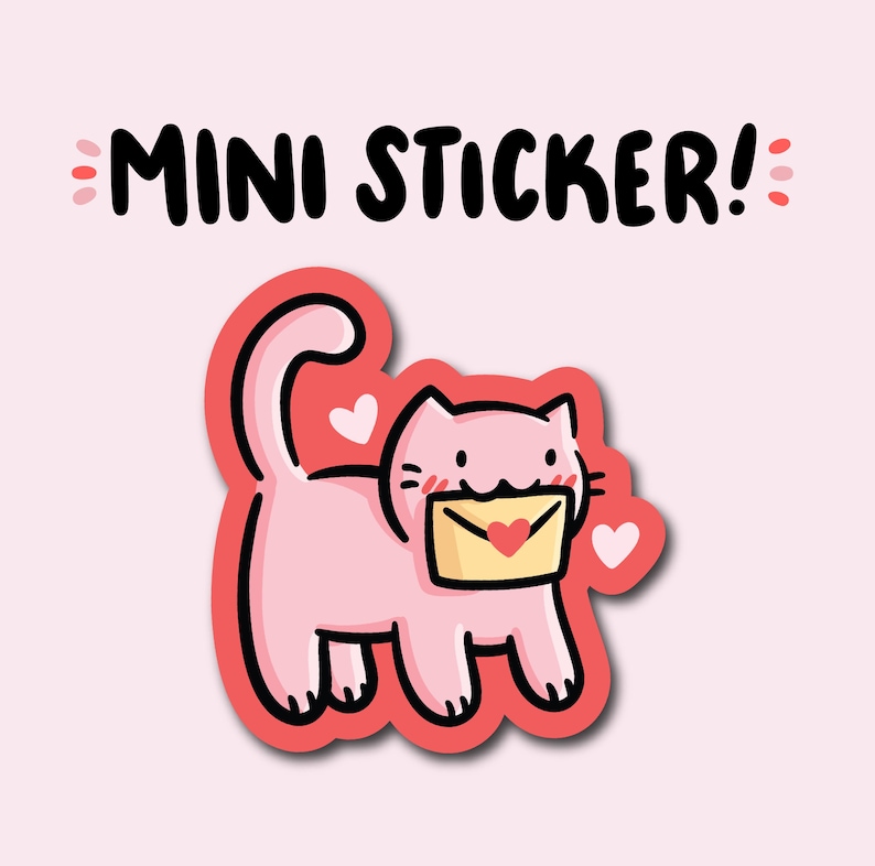 Puede incluir: Una pegatina de gato rosa con contorno negro, que lleva un sobre amarillo con un coraz&oacute;n rojo. La pegatina tiene el texto negro "MINI STICKER!". Peque&ntilde;os corazones rosas rodean al gato.