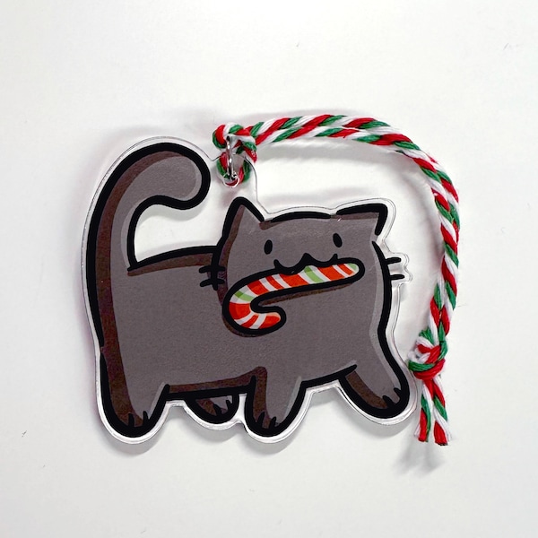 Candy Cane Cat Ornament | Acrylic Holiday Ornament| Holiday Decoration| black cat ornament | red and green candy cane ornament | kawaii cats