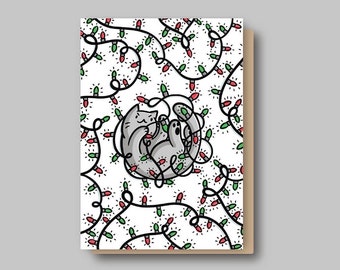 Christmas Lights Cat Holiday Card | Gray Cat| Christmas Card | Seasons Greetings| Cute Cat Card | Christmas Stationery| Christmas Decoration