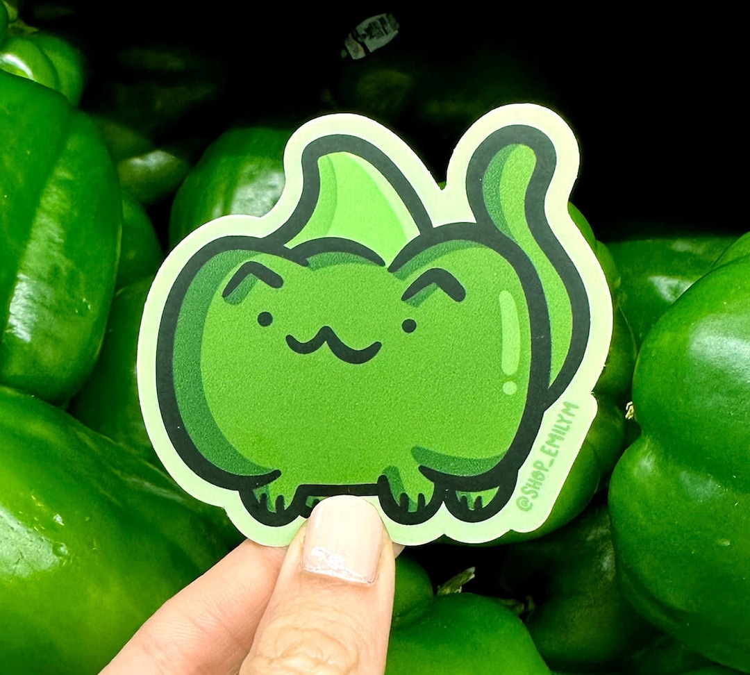 Green Bell Pepper Cat Sticker Weatherproof Vinyl Sticker Cute Food