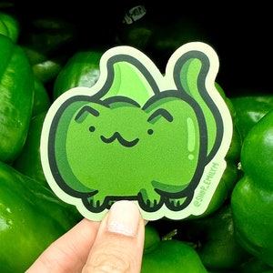 Autocollant de chat poivron vert | Autocollant en vinyle résistant aux intempéries | Nourriture mignonne | Chats végétariens | Autocollant végétarien | Autocollant végétal | Autocollant mignon de poivre
