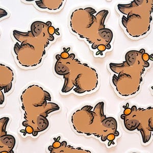 Mini Capybara Sticker | cute animal sticker | capybara with an orange sticker | happy capybara sticker | kawaii animals sticker | zoo animal image 2