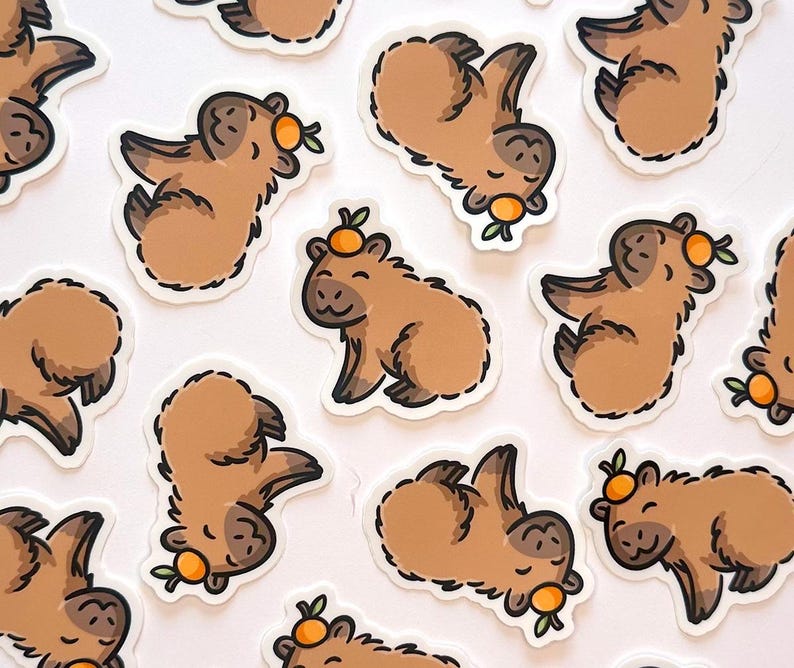 Mini Capybara Sticker | cute animal sticker | capybara with an orange sticker | happy capybara sticker | kawaii animals sticker | zoo animal image 2