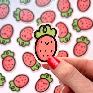 Miniaturowa naklejka truskawkowa | naklejka ze zdrową żywnością | naklejka z jedzeniem kawaii | naklejka ze słodkim owocem | naklejka z pastelowym różem | naklejka ze szczęśliwym jedzeniem