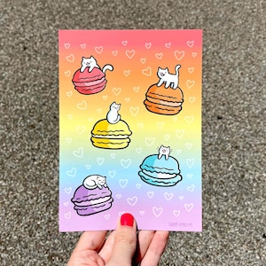 Rainbow Macaroon Kitties Print | Leuke desserts artwork | Kawaii Cat Print | White Cat Art | Kawaii Style Art | De leuke | van de Kunst van het Katje Macarons