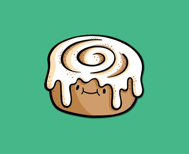 May include: A cartoon illustration of a cinnamon roll with white frosting and a happy face. The cinnamon roll is brown and has a swirl of cinnamon on top.
