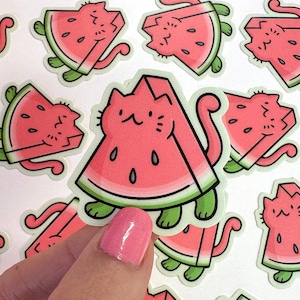 Wassermelonen Katzen-Vinyl-Aufkleber, wasserfester Telefonaufkleber, Kawaii Katzenaufkleber Niedliche Wassermelonen Aufkleber | süßer Essen Aufkleber | rosa Aufkleber