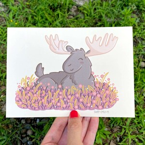 Cute Moose Print | Cute Animal Artwork | Kawaii Style Print | Pastel Artwork | Kawaii Style Art | Pink Flowers Art | Pastel Animal Art Print