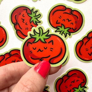 Mini sticker chat tomate | Sticker imperméable | Sticker vinyle kawaii | Adorable autocollant tomate | autocollant chat endormi | Adorable autocollant végétal