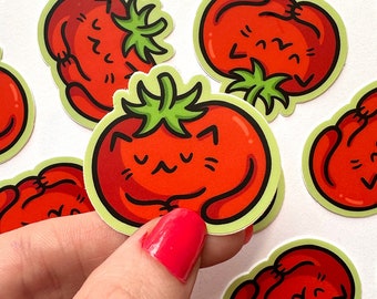 Mini pegatina de gato de tomate / pegatina impermeable / pegatina de vinilo Kawaii / linda pegatina de tomate / pegatina de gato somnoliento / linda pegatina vegetal