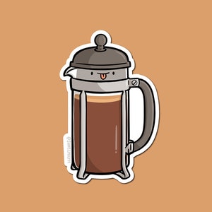 French Press Sticker | Wetterfester Vinyl-Aufkleber | Kawaii Kaffee Sticker| süßer Kaffee Sticker | Kaffee kochen Sticker | kawaii Essen Sticker