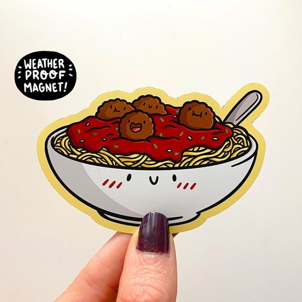 Imán de espaguetis y albóndigas / Lindo imán de pasta / Imán impermeable de vinilo para automóviles / Imán de alimentos Kawaii / Lindo imán de nevera / Imán de espagueti