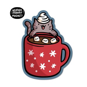 Hot Chocolate Cat Weatherproof Magnet |Waterproof Car Magnet | Holiday Magnet | Cute Cat Magnet| Cute Winter Magnet | Christmas Magnet